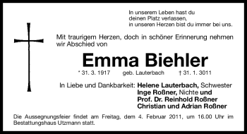 Traueranzeige von Emma Biehler von Nürnberger Nachrichten