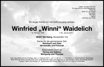 Traueranzeige von Winfried Waidelich von Nürnberger Nachrichten