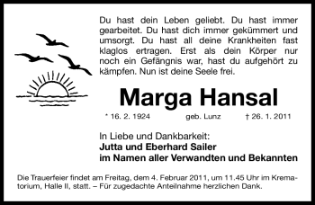 Traueranzeige von Marga Hansal von Nürnberger Nachrichten