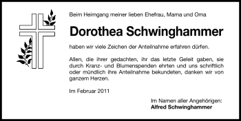 Traueranzeige von Dorothea Schwinghammer von Nürnberger Nachrichten