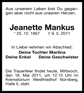 Traueranzeige von Jeanette Mankus von Nürnberger Nachrichten
