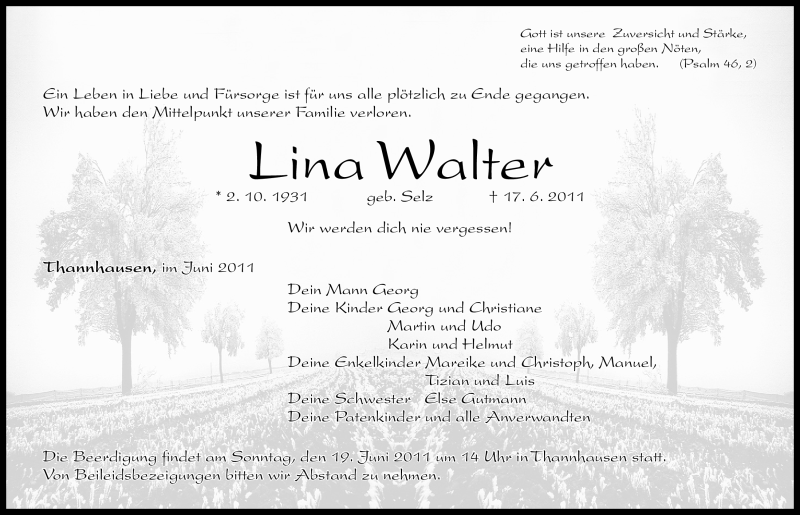  Traueranzeige für Lina Walter vom 18.06.2011 aus Nürnberger Nachrichten