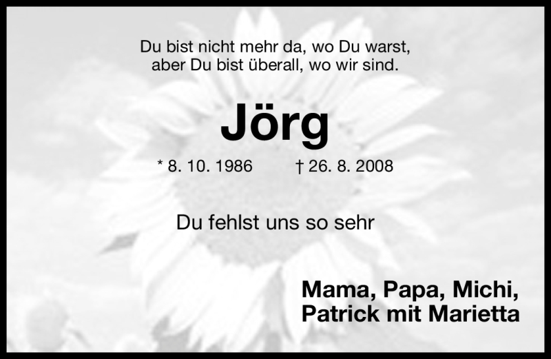  Traueranzeige für Jörg  vom 26.08.2011 aus Nürnberger Nachrichten