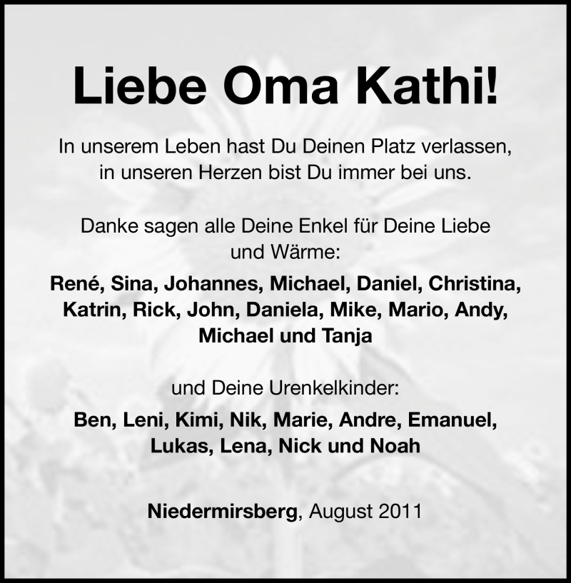  Traueranzeige für Kathi  vom 23.08.2011 aus Nürnberger Nachrichten