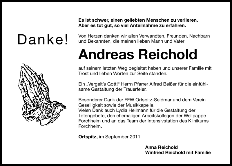  Traueranzeige für Reichold Andreas vom 03.09.2011 aus Nürnberger Nachrichten