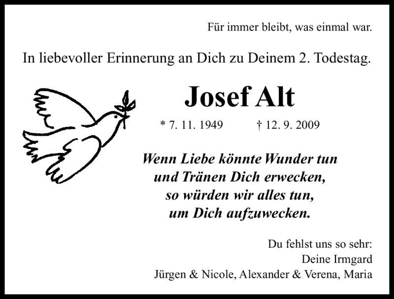  Traueranzeige für Josef Alt vom 12.09.2011 aus Nürnberger Nachrichten