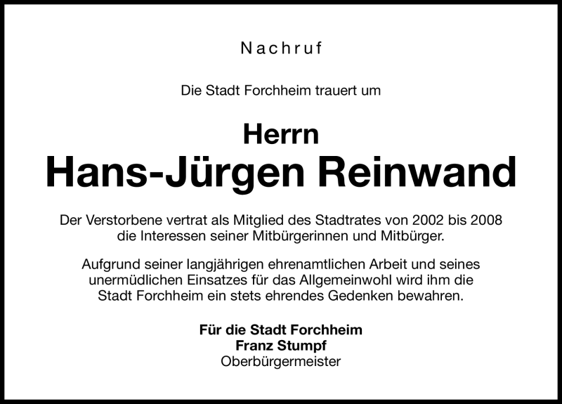  Traueranzeige für Hans Jürgen Reinwand vom 07.09.2011 aus Nürnberger Nachrichten