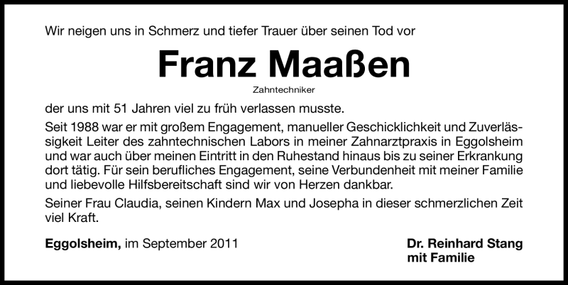  Traueranzeige für Franz Maaßen vom 30.09.2011 aus Nürnberger Nachrichten