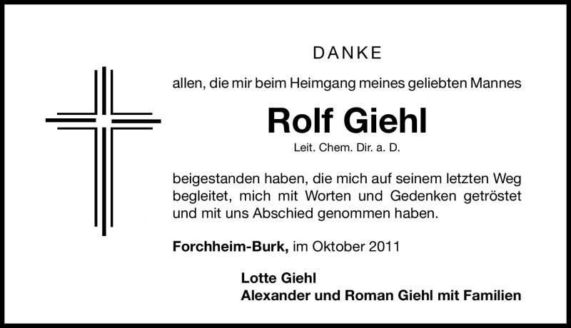  Traueranzeige für Rolf Giehl vom 08.10.2011 aus Nürnberger Nachrichten