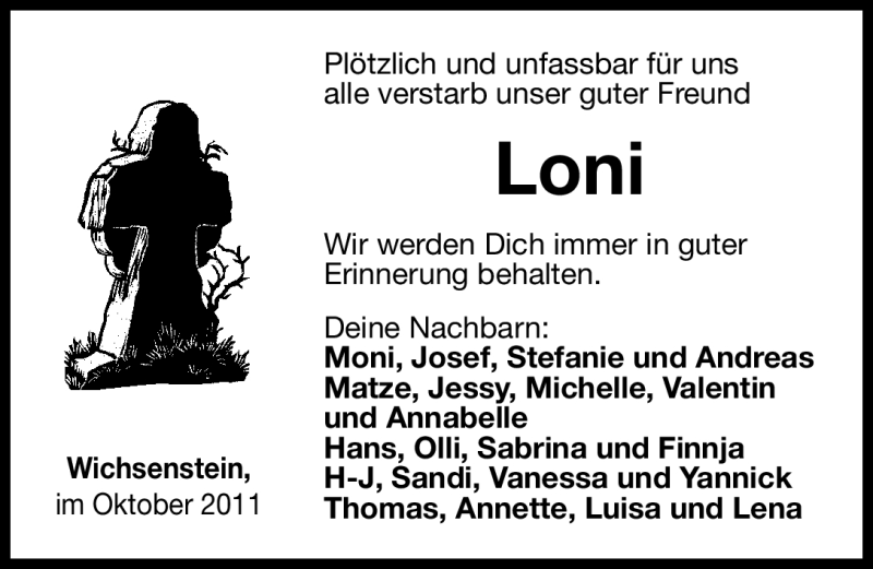  Traueranzeige für Loni  vom 06.10.2011 aus Nürnberger Nachrichten