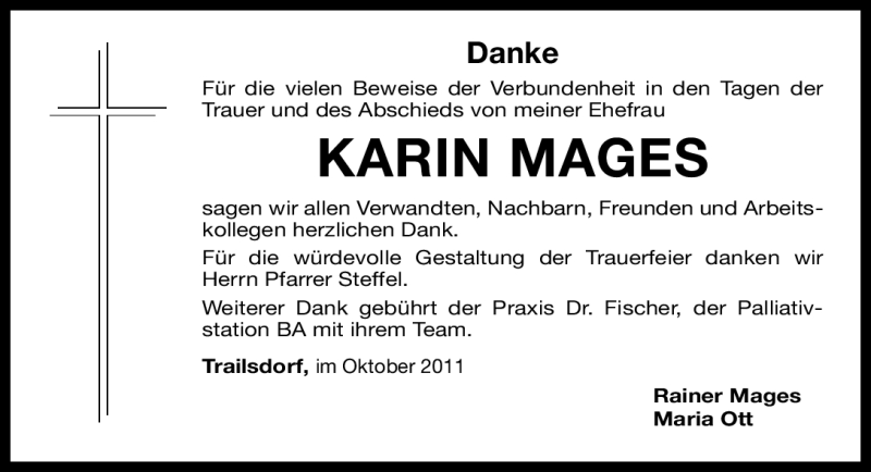  Traueranzeige für Karin Mages vom 07.10.2011 aus Nürnberger Nachrichten