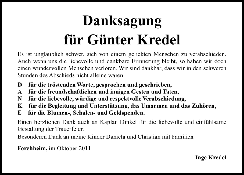  Traueranzeige für Günter Kredel vom 08.10.2011 aus Nürnberger Nachrichten