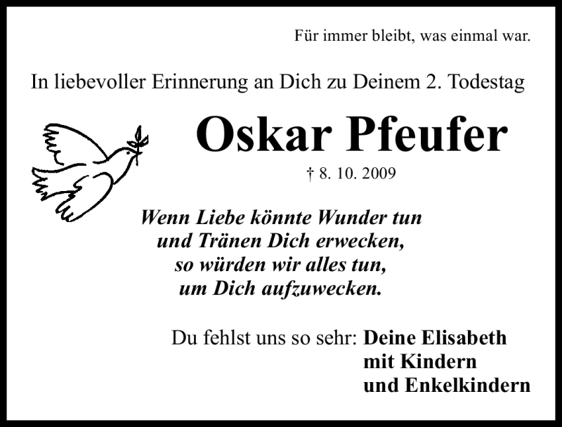  Traueranzeige für Oskar Pfeufer vom 08.10.2011 aus Nürnberger Nachrichten