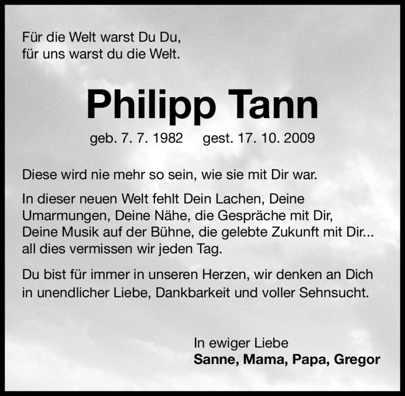  Traueranzeige für Philipp Tann vom 17.10.2011 aus Nürnberger Nachrichten