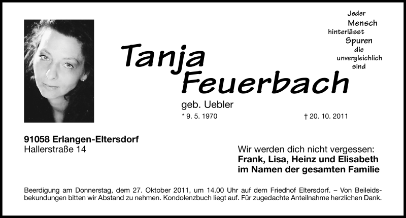 Traueranzeige für Tanja Feuerbach vom 25.10.2011 aus Nürnberger Nachrichten