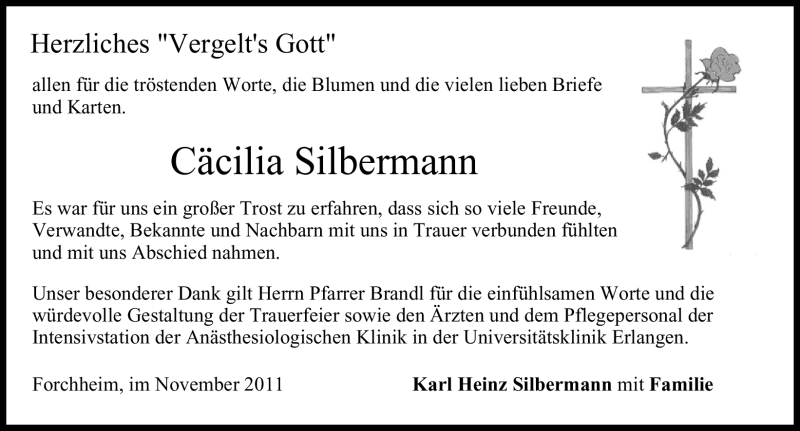  Traueranzeige für Cäcilia Silbermann vom 12.11.2011 aus Nürnberger Nachrichten