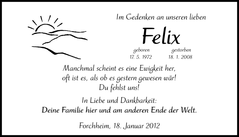  Traueranzeige für Felix  vom 18.01.2012 aus Nordbayerische Nachrichten Forchheim Lokal