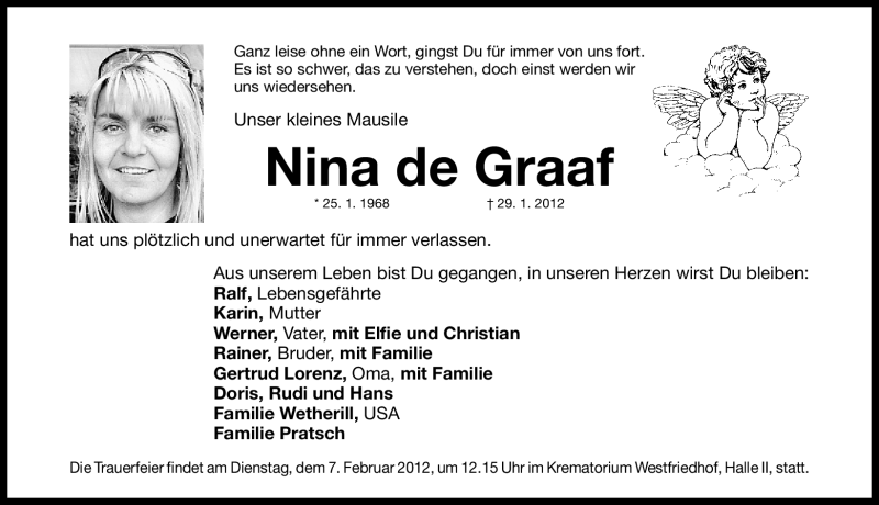  Traueranzeige für Nina de Graaf vom 04.02.2012 aus Gesamtausgabe Nürnberger Nachrichten / Nürnberger Zeitung