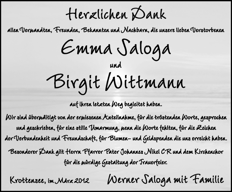 Traueranzeige für Emma und Birgit Saloga Wittmann vom 03.03.2012 aus Nordbayerische Nachrichten Pegnitz Lokal