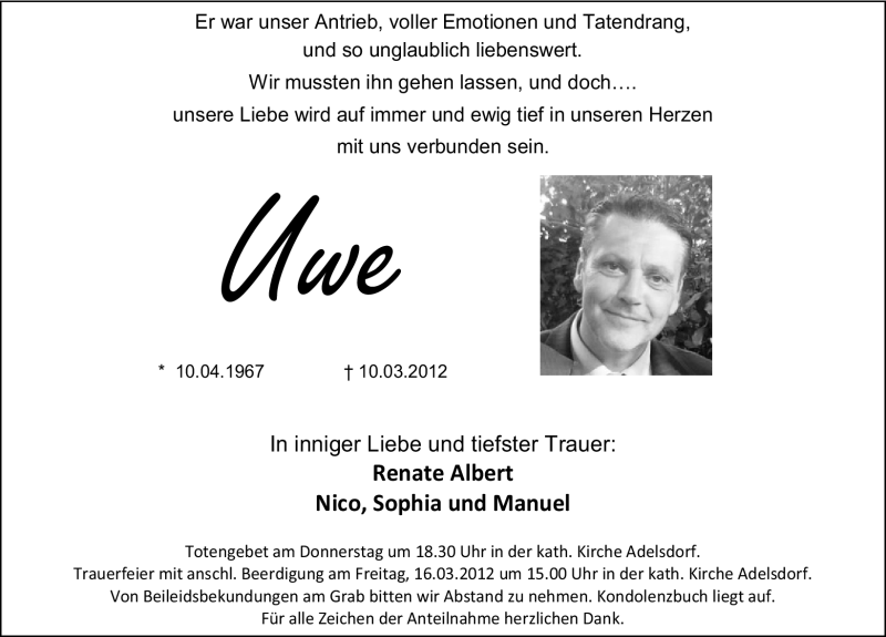 Traueranzeige für Uwe Albert vom 14.03.2012 aus Erlanger Nachrichten Lokal