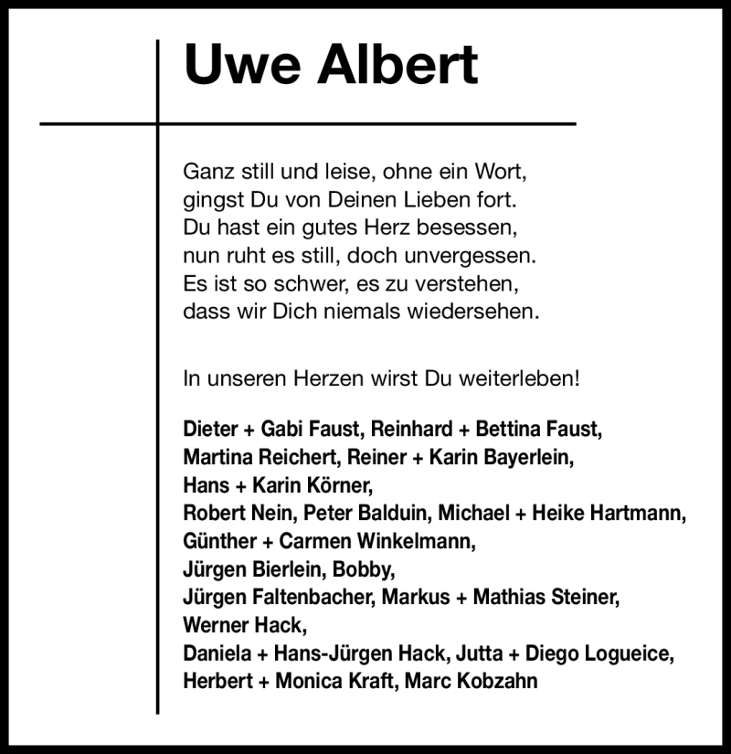  Traueranzeige für Uwe Albert vom 15.03.2012 aus Erlanger Nachrichten Lokal