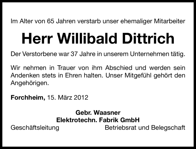  Traueranzeige für Willibald Dittrich vom 15.03.2012 aus Nordbayerische Nachrichten Forchheim Lokal