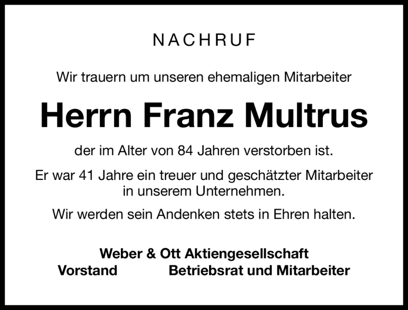  Traueranzeige für Franz Multrus vom 22.03.2012 aus Nordbayerische Nachrichten Forchheim Lokal
