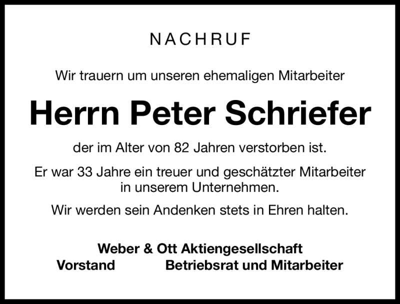  Traueranzeige für Peter Schriefer vom 28.03.2012 aus Nordbayerische Nachrichten Forchheim Lokal