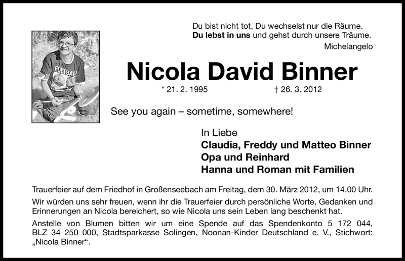  Traueranzeige für Nicola David Binner vom 29.03.2012 aus Erlanger Nachrichten Lokal