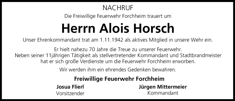  Traueranzeige für Alois Horsch vom 03.04.2012 aus Nordbayerische Nachrichten Forchheim Lokal