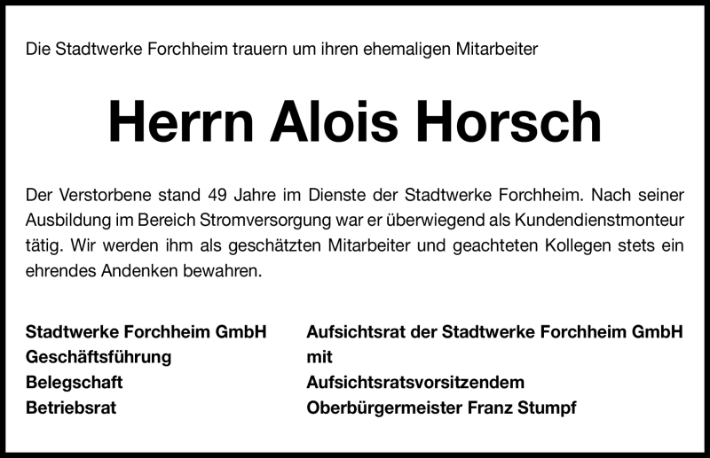  Traueranzeige für Alois Horsch vom 03.04.2012 aus Nordbayerische Nachrichten Forchheim Lokal