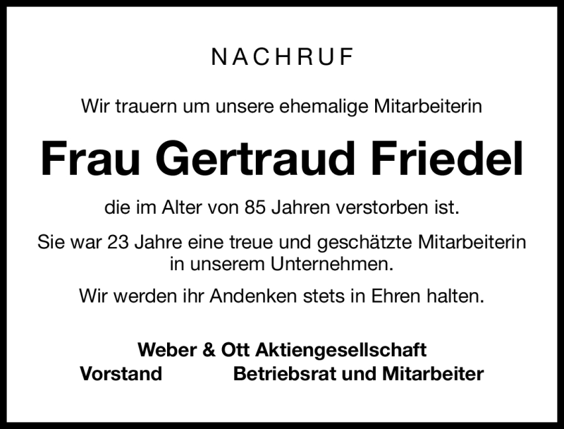  Traueranzeige für Gertraud Friedel vom 13.04.2012 aus Nordbayerische Nachrichten Forchheim Lokal