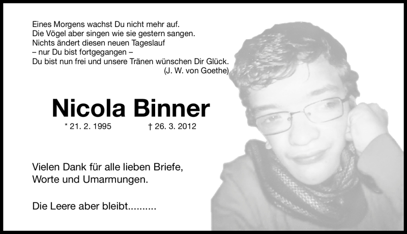  Traueranzeige für Nicola David Binner vom 18.04.2012 aus Erlanger Nachrichten Lokal