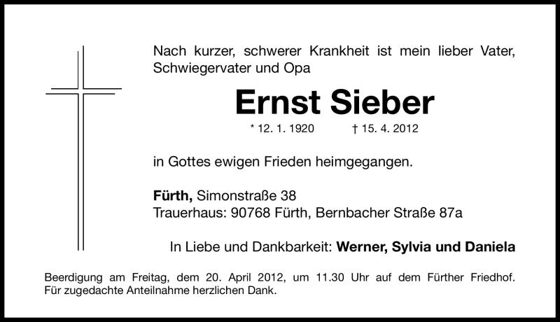  Traueranzeige für Ernst Sieber vom 17.04.2012 aus Fürther Nachrichten Lokal