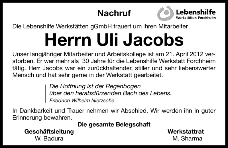  Traueranzeige für Uli Jacobs vom 25.04.2012 aus Nordbayerische Nachrichten Forchheim Lokal