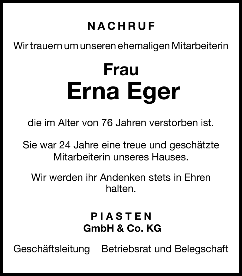  Traueranzeige für Erna Eger vom 26.04.2012 aus Nordbayerische Nachrichten Forchheim Lokal