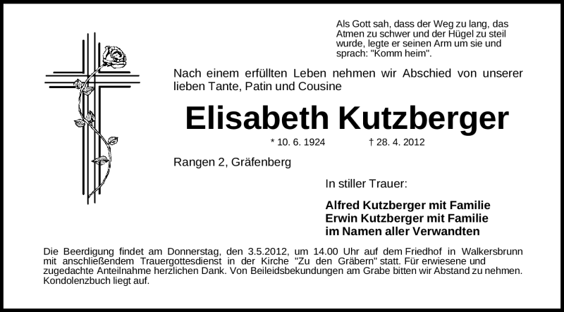  Traueranzeige für Elisabeth Kutzberger vom 01.05.2012 aus Nordbayerische Nachrichten Forchheim Lokal