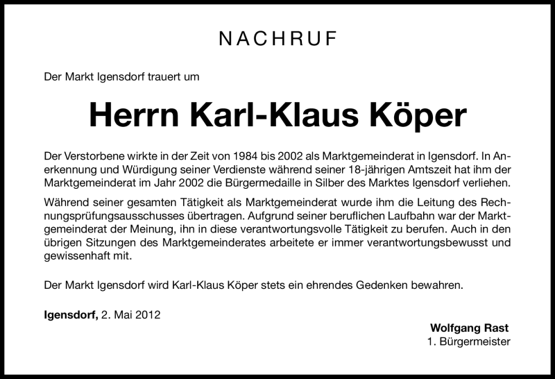  Traueranzeige für Karl-Klaus Köper vom 04.05.2012 aus Nordbayerische Nachrichten Forchheim Lokal