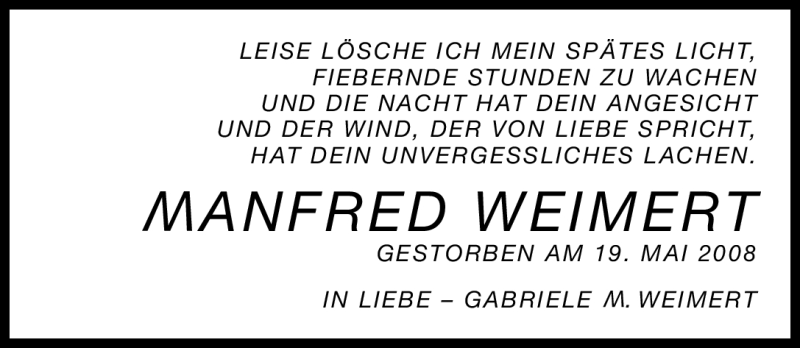  Traueranzeige für Manfred Weimert vom 19.05.2012 aus Gesamtausgabe Nürnberger Nachrichten/ Nürnberger Ztg.