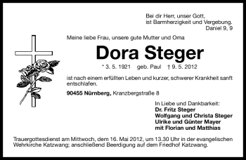 Traueranzeige von Dora Steger von Gesamtausgabe Nürnberger Nachrichten/ Nürnberger Ztg.