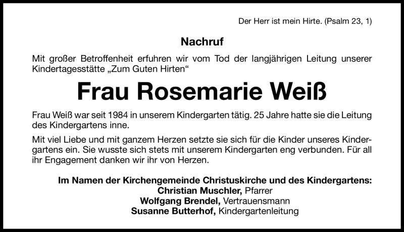 Traueranzeige für Rosemarie Weiß vom 19.05.2012 aus Nordbayerische Nachrichten Forchheim Lokal