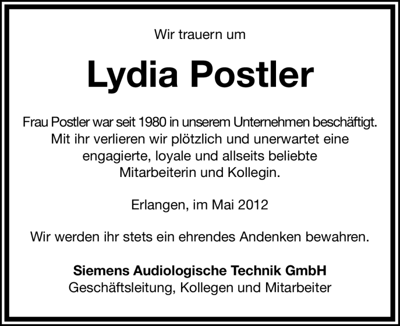  Traueranzeige für Lydia Postler vom 19.05.2012 aus Nordbayerische Nachrichten Forchheim Lokal