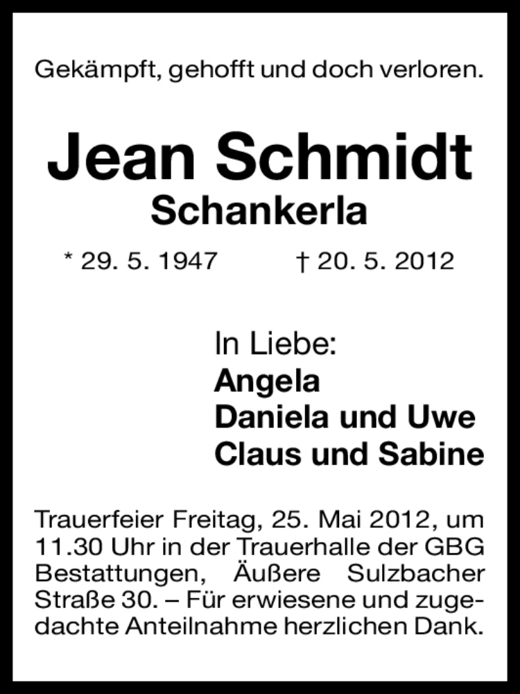  Traueranzeige für Jean Schmidt vom 23.05.2012 aus Gesamtausgabe Nürnberger Nachrichten/ Nürnberger Ztg.