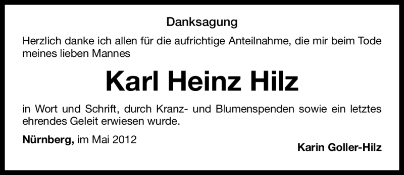  Traueranzeige für Karl Heinz Hilz  vom 02.06.2012 aus Gesamtausgabe Nürnberger Nachrichten/ Nürnberger Ztg.