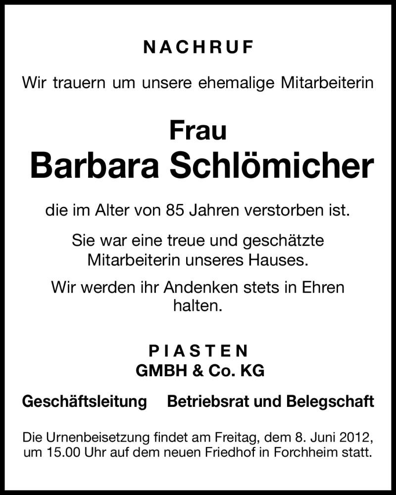  Traueranzeige für Barbara Schlömicher vom 02.06.2012 aus Nordbayerische Nachrichten Forchheim Lokal