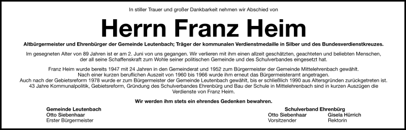  Traueranzeige für Franz Heim vom 05.06.2012 aus Nordbayerische Nachrichten Forchheim Lokal