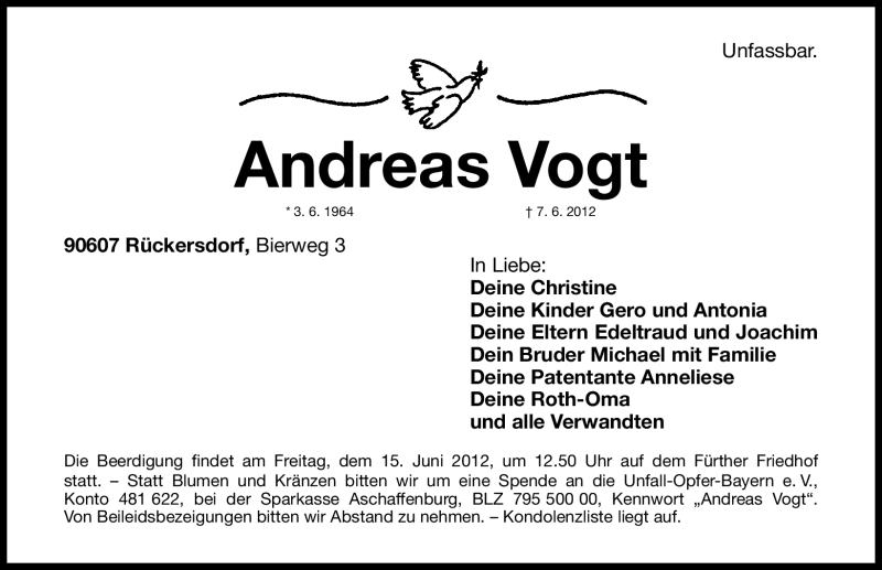  Traueranzeige für Andreas Vogt vom 13.06.2012 aus Gesamtausgabe Nürnberger Nachrichten/ Nürnberger Ztg.