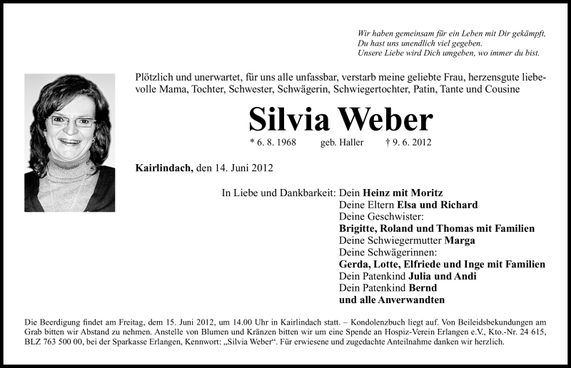  Traueranzeige für Silvia Weber vom 14.06.2012 aus Nordbayerische Nachrichten Herzogenaurach Lokal