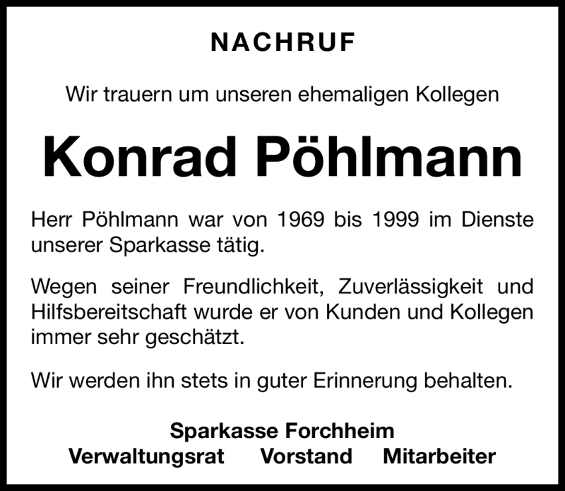  Traueranzeige für Konrad Pöhlmann vom 21.06.2012 aus Nordbayerische Nachrichten Forchheim Lokal