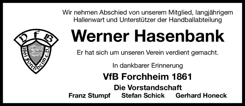 Traueranzeige für Werner Hasenbank vom 21.06.2012 aus Nordbayerische Nachrichten Forchheim Lokal